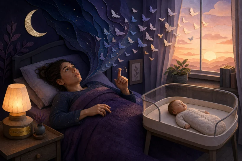 Postpartum parent regains fingertip movement as an indigo REM veil becomes paper moths at dawn beside a baby asleep separately in a bare bassinet.