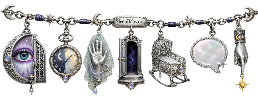Silver SleepBaby.org charm ribbon with wakeful eye gate, moon-dawn clock, veiled hand, shadowed doorway, bare bassinet, speech pearl and moving fingertip.