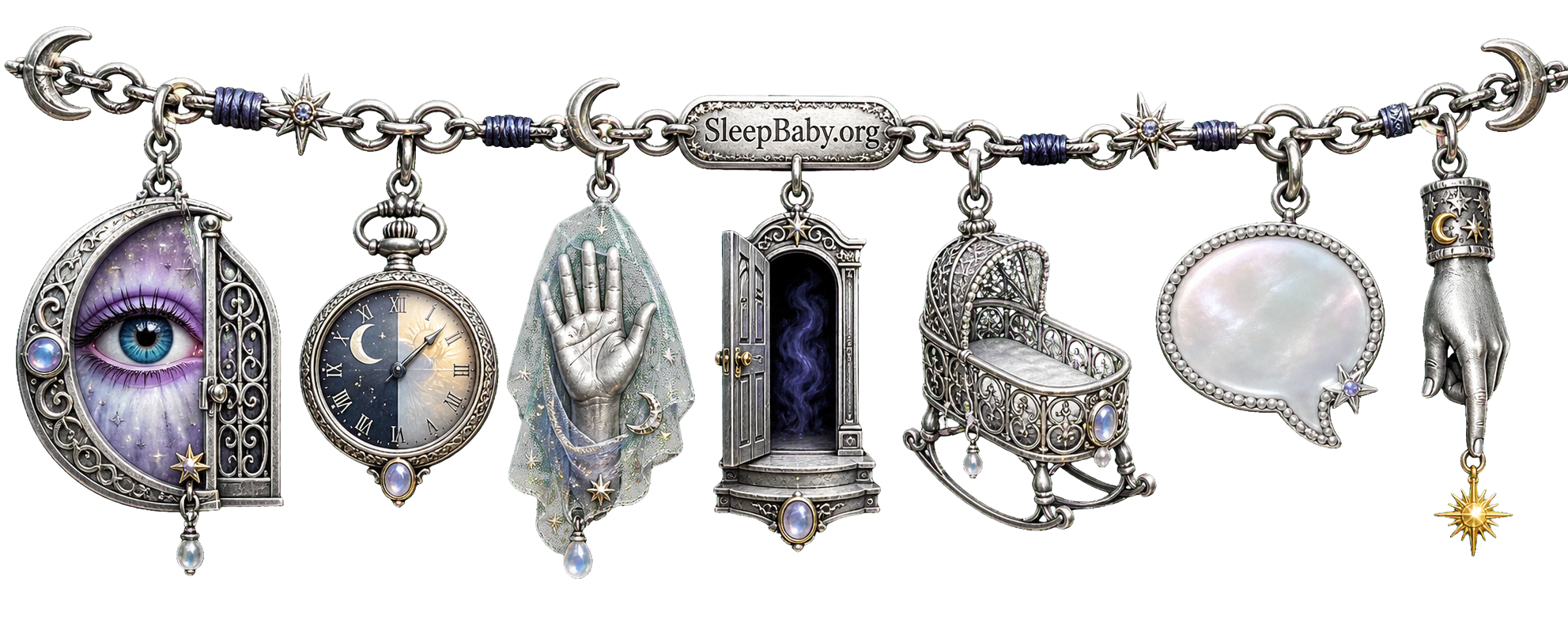 Silver SleepBaby.org charm ribbon with wakeful eye gate, moon-dawn clock, veiled hand, shadowed doorway, bare bassinet, speech pearl and moving fingertip.