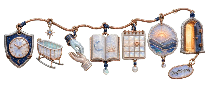 Moonstone SleepBaby.org recovery path with protected clock, bare bassinet, handoff, episode journal, clinician calendar, sunrise landscape and warm open door.