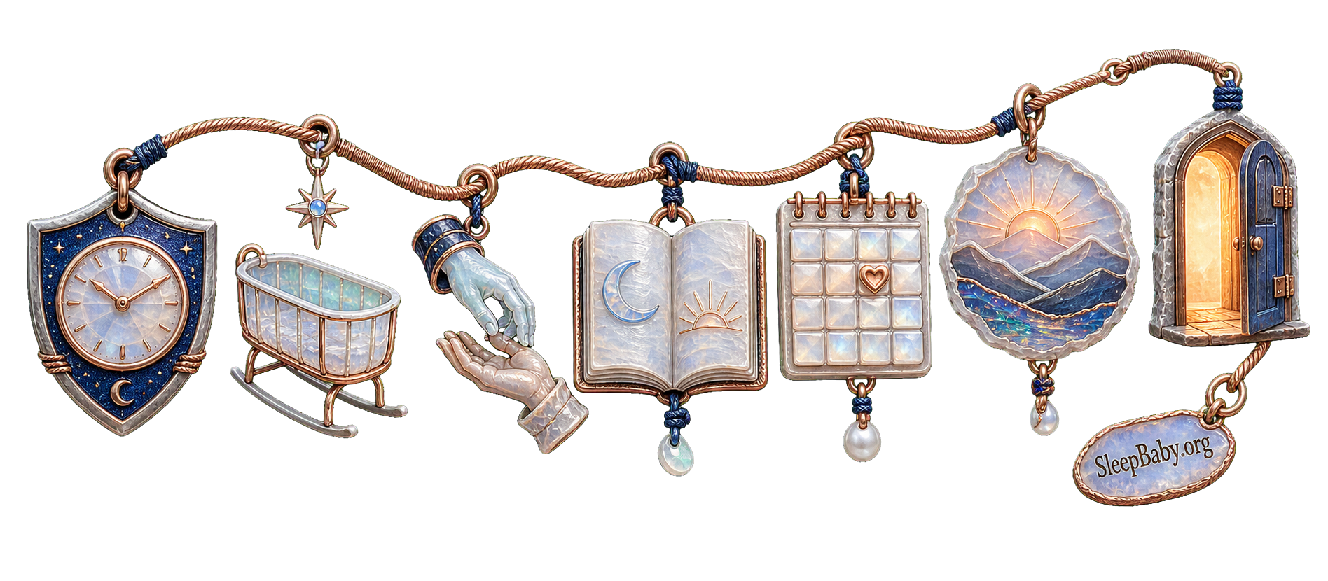 Moonstone SleepBaby.org recovery path with protected clock, bare bassinet, handoff, episode journal, clinician calendar, sunrise landscape and warm open door.
