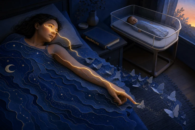 Gold wake line travels from an alert postpartum parent's eyes to one moving fingertip while a layered REM field recedes and baby sleeps separately.