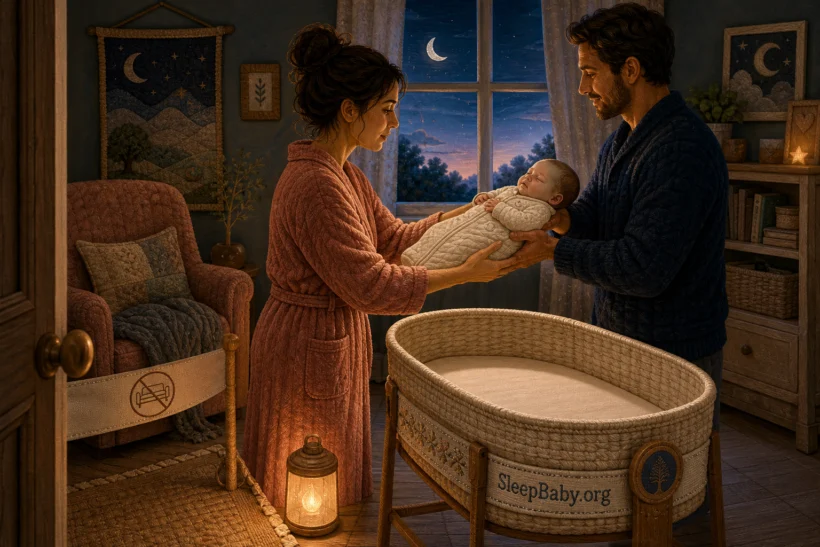 Steady postpartum parent transfers a baby in a fitted sleep suit to an alert partner above an empty SleepBaby.org bassinet while an armchair stays outside the sleep route.