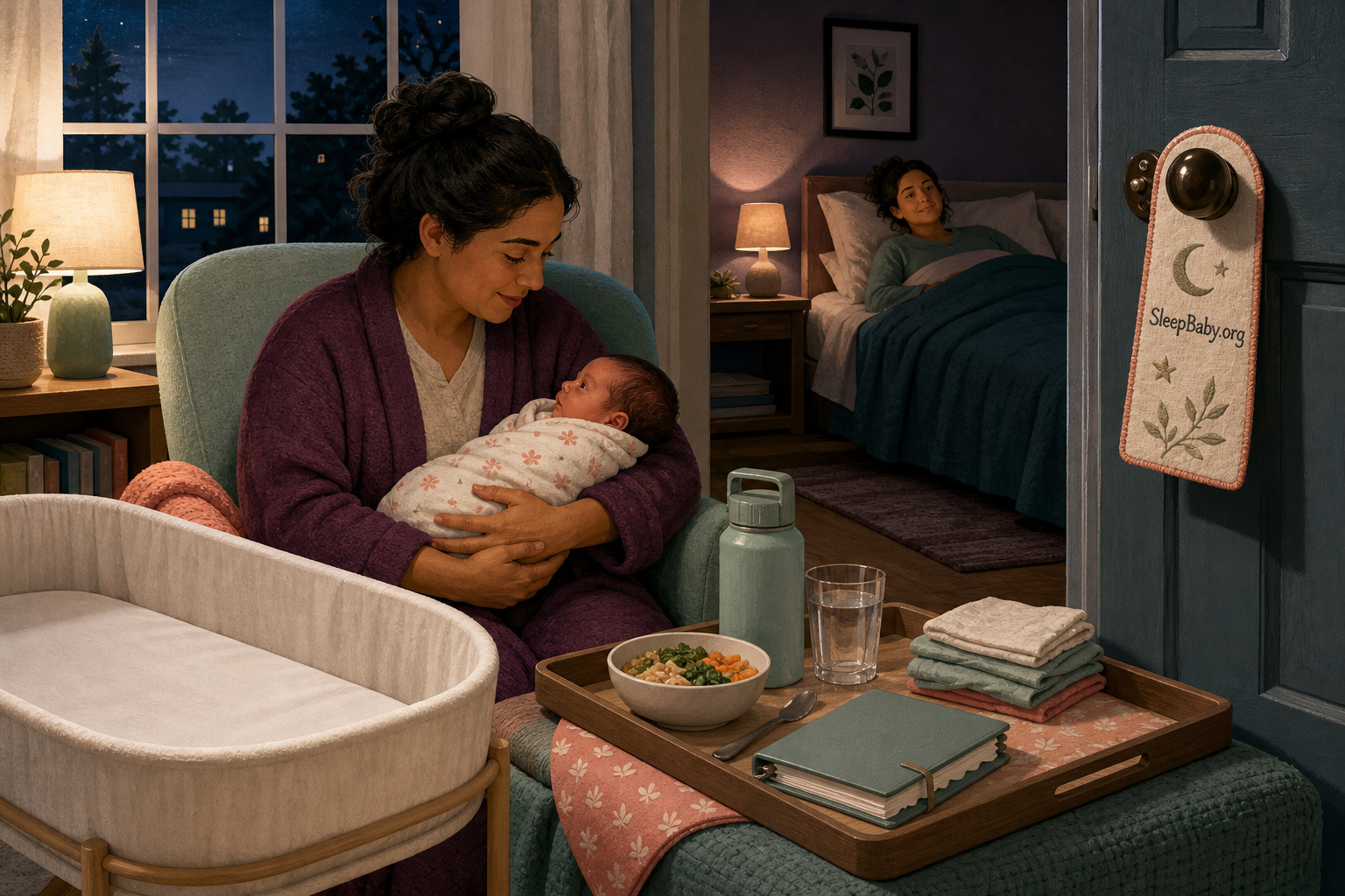A support person takes newborn care while food, water, clean clothes, and a protected rest room are prepared