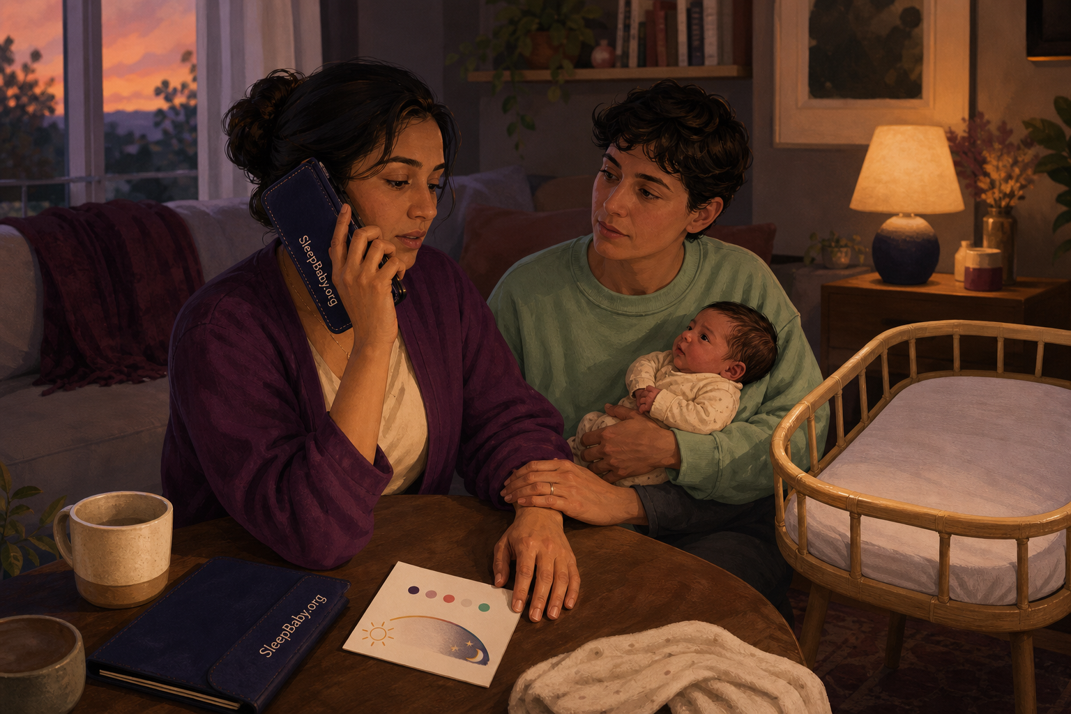 A postpartum parent makes a supported clinician call while an adult holds the awake newborn and a bare bassinet waits nearby