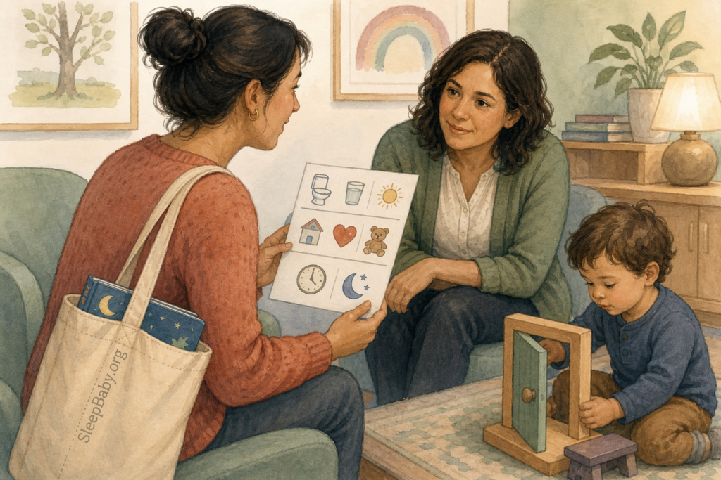 A caregiver at a pediatric visit shares a simple picture-based note showing bathroom triggers, stool comfort, and timing while a clothed toddler plays nearby with a wooden door-and-foot-stool toy.
