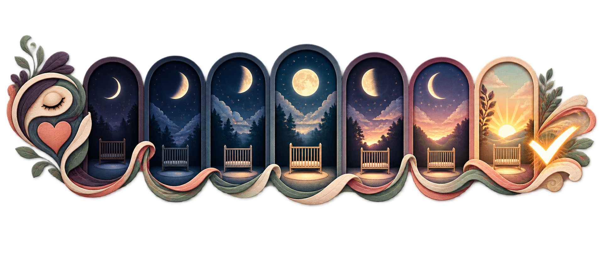 Seven empty cribs sit beneath changing moon phases, ending with sunrise and a warm checkmark.