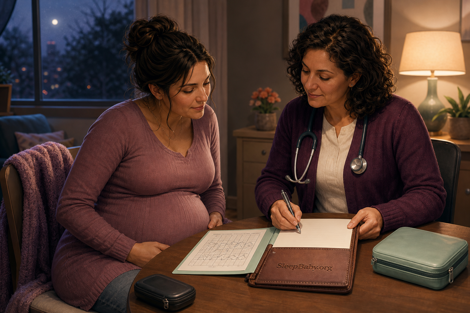 A pregnant patient and clinician review a number-free glucose pattern beside closed monitoring and treatment cases in an evening clinic
