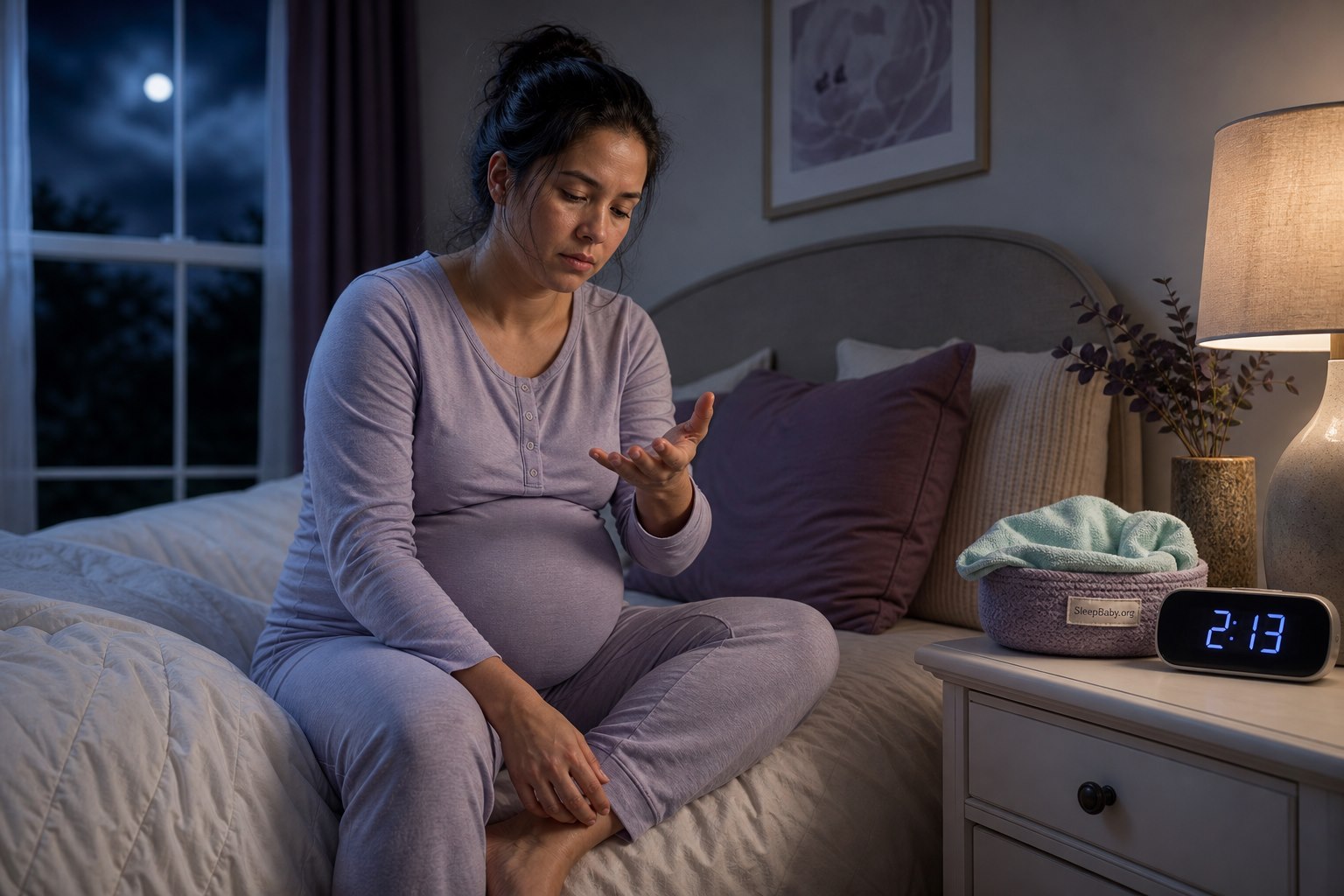 Pregnant parent awake at 2:13 a.m. on the edge of a softly lit bed, looking at one open palm beside a cool-cloth basket.