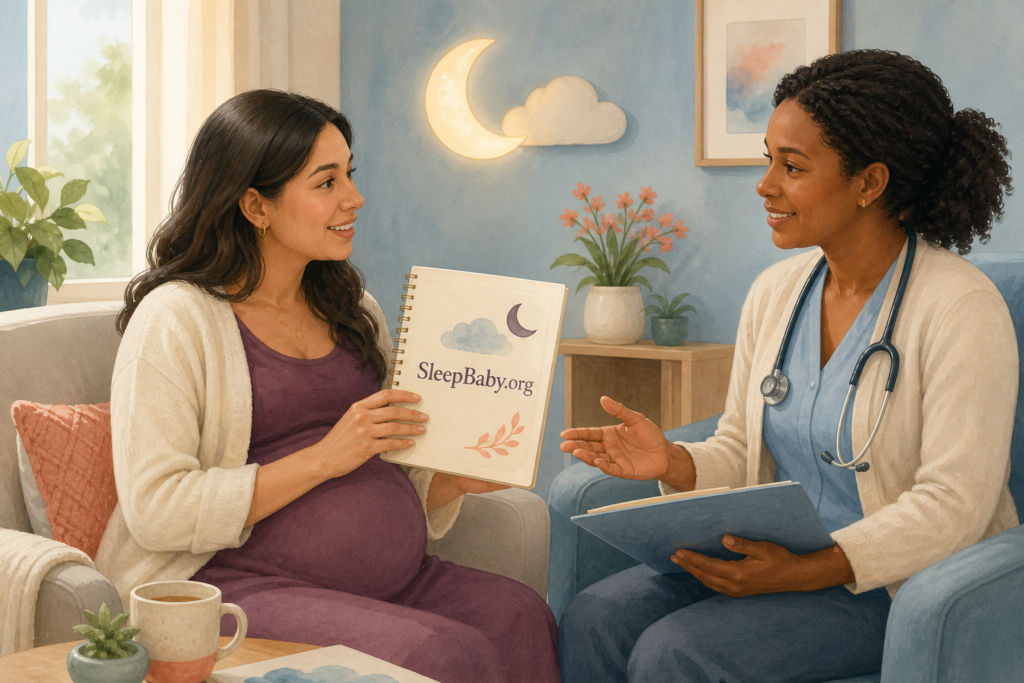 Pregnant parent showing a symptom note to a prenatal clinician in a calm softly lit exam room with a moon-and-cloud wall light.