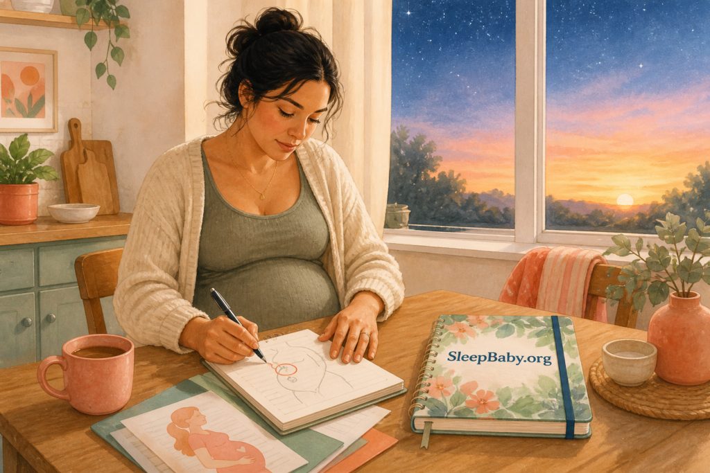 Pregnant parent writing a brief hand-numbness symptom note beside prenatal paperwork, a warm mug, and a fading starry window.