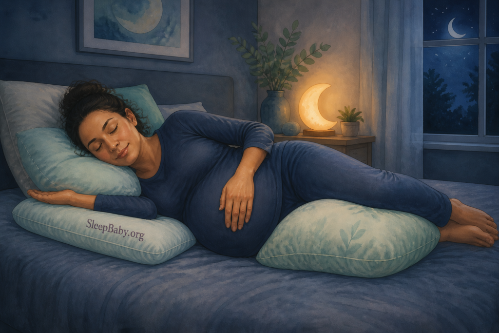 Pregnant parent on their side arranging a pillow beneath the upper arm while keeping the wrist straight beside a crescent nightlight.