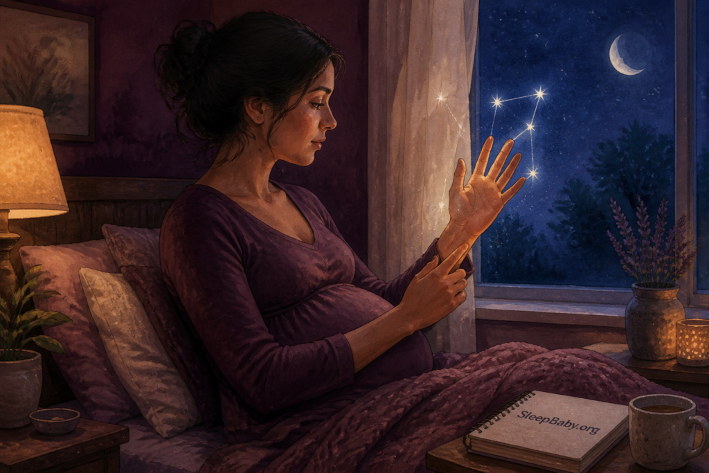 Pregnant parent sitting up in a moonlit bedroom and checking which fingers feel numb after waking on their side.