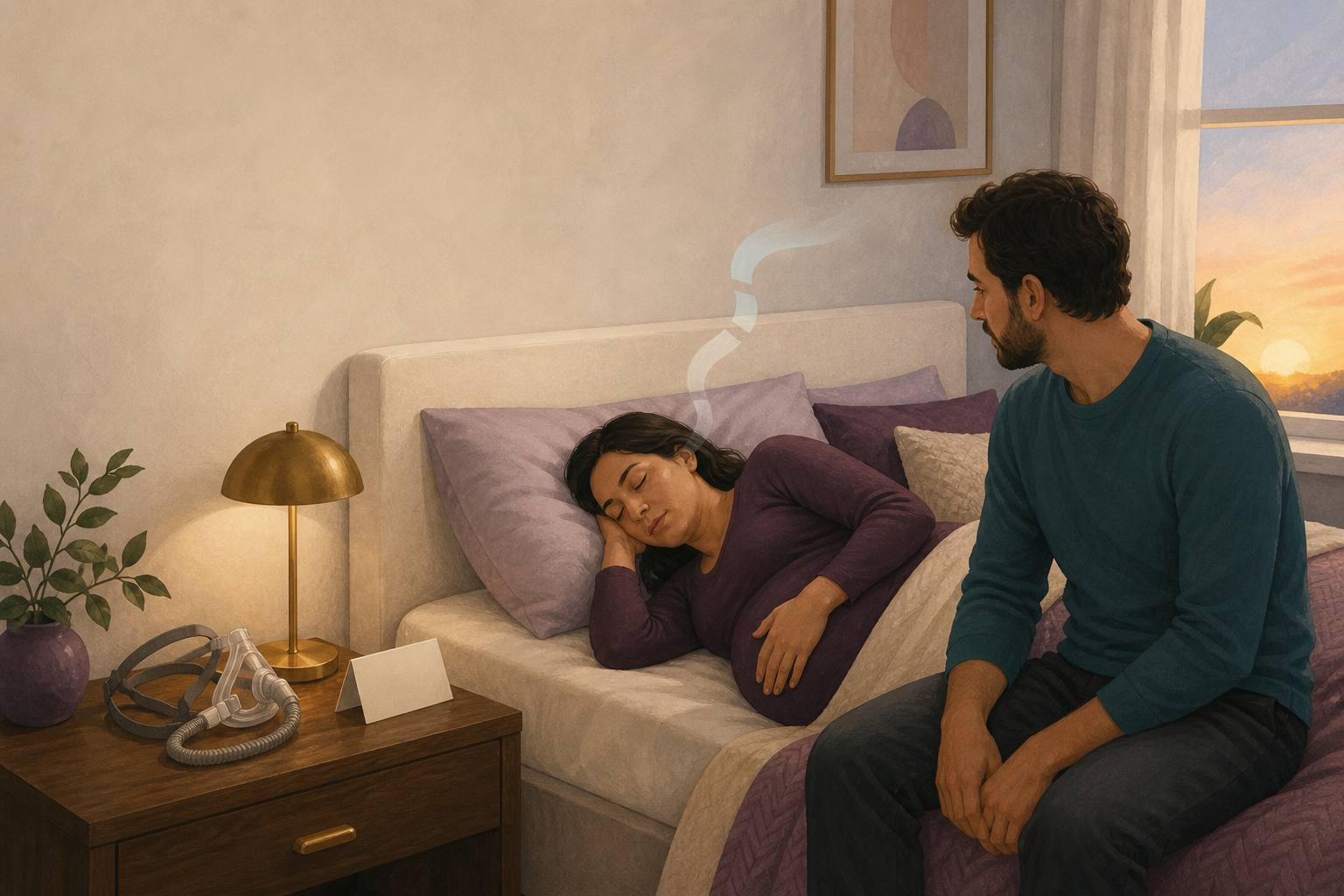 Pregnant parent resting on her side beside a glowing night-to-dawn breathing path