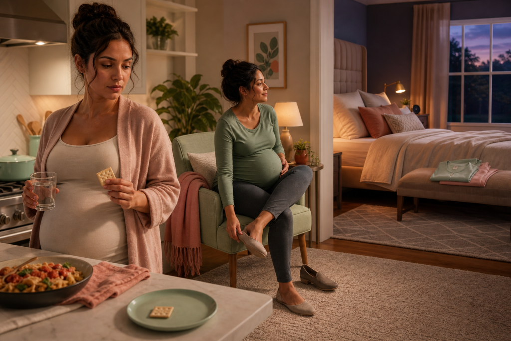 Pregnant adults move from nausea and supportive shoes toward a made evening bedroom across pregnancy stages.