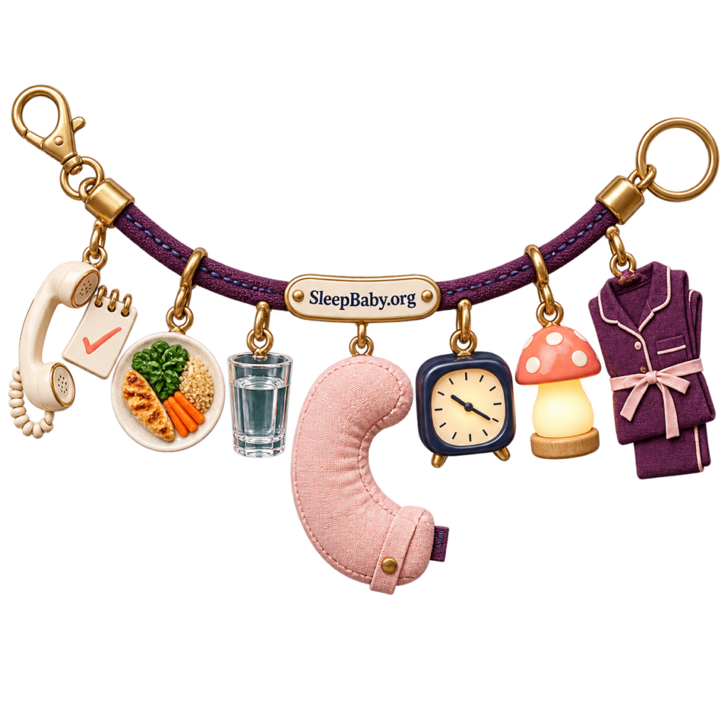 Pregnancy symptom charms hand off care before a gentler bedtime transition.
