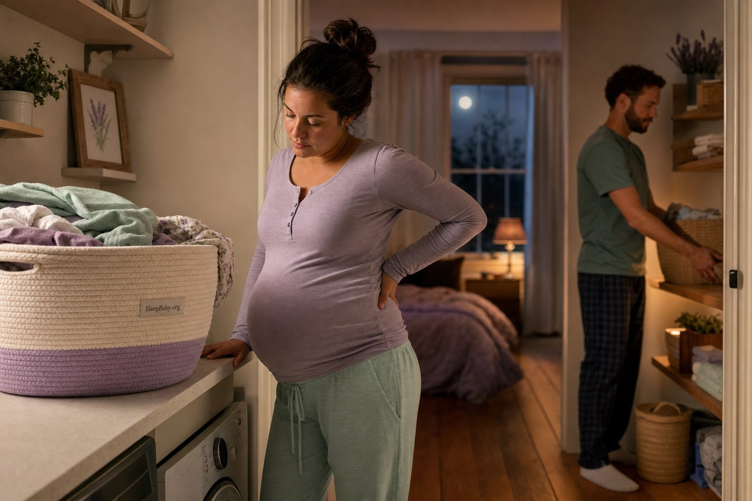 Pregnant parent in a lilac top resting one hand at their lower back beside a full woven laundry basket while a partner moves laundry at night.