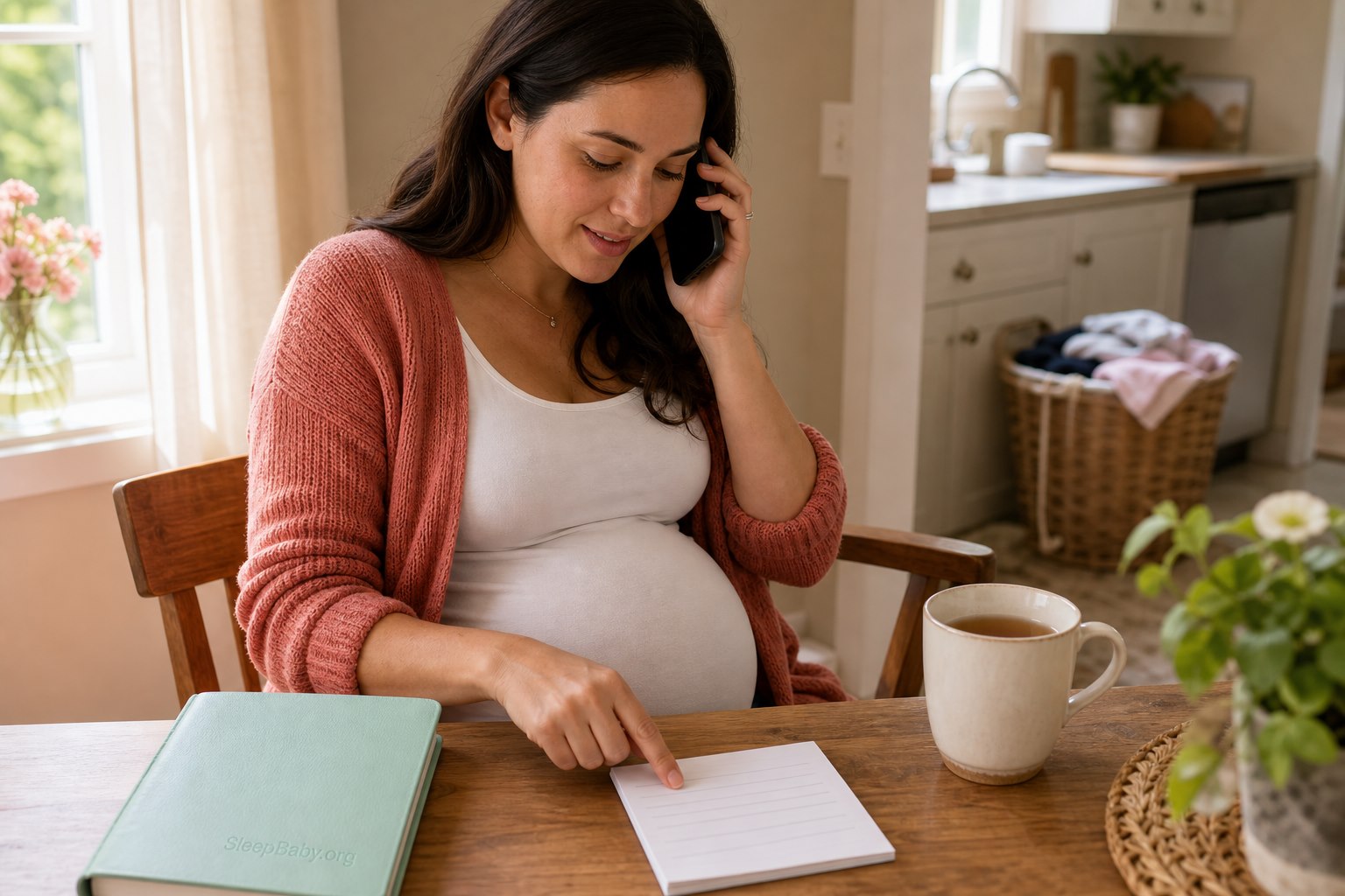 Pregnant parent on the phone points to a short blank-lined note at a kitchen table with a laundry basket in the background.