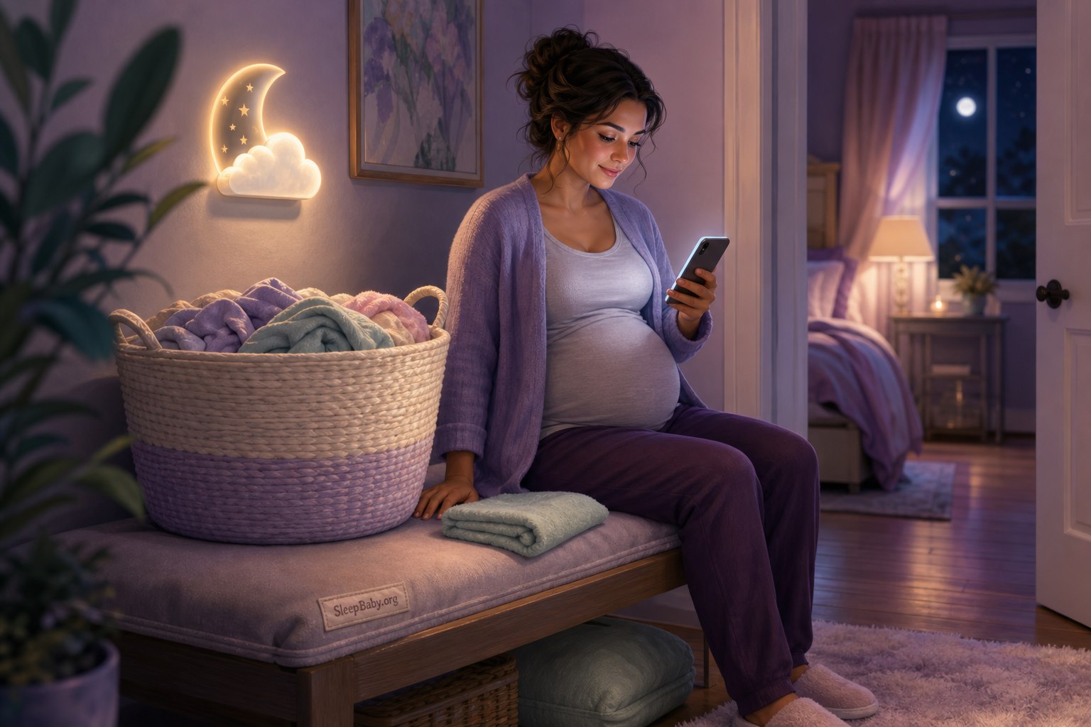 Pregnant parent seated beside a lavender laundry basket and checking a phone near a glowing moon-and-cloud lamp at night.