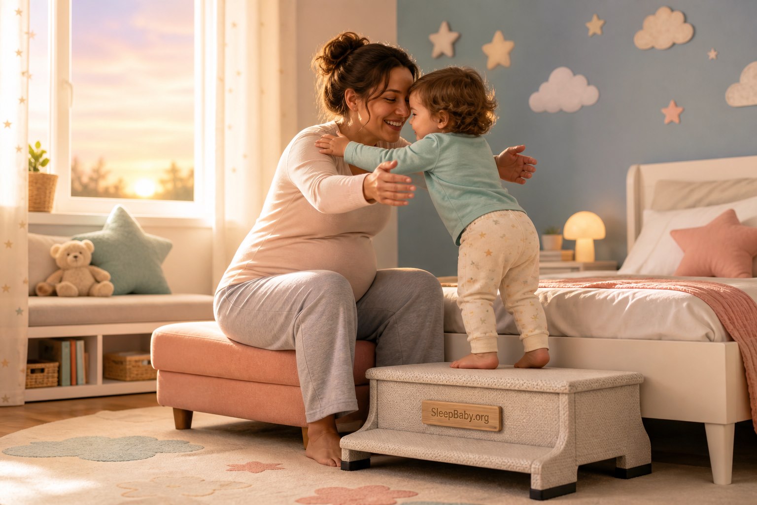 Pregnant parent seated in a chair opens their arms to a toddler standing securely on a wide low padded step in a sunny bedroom.