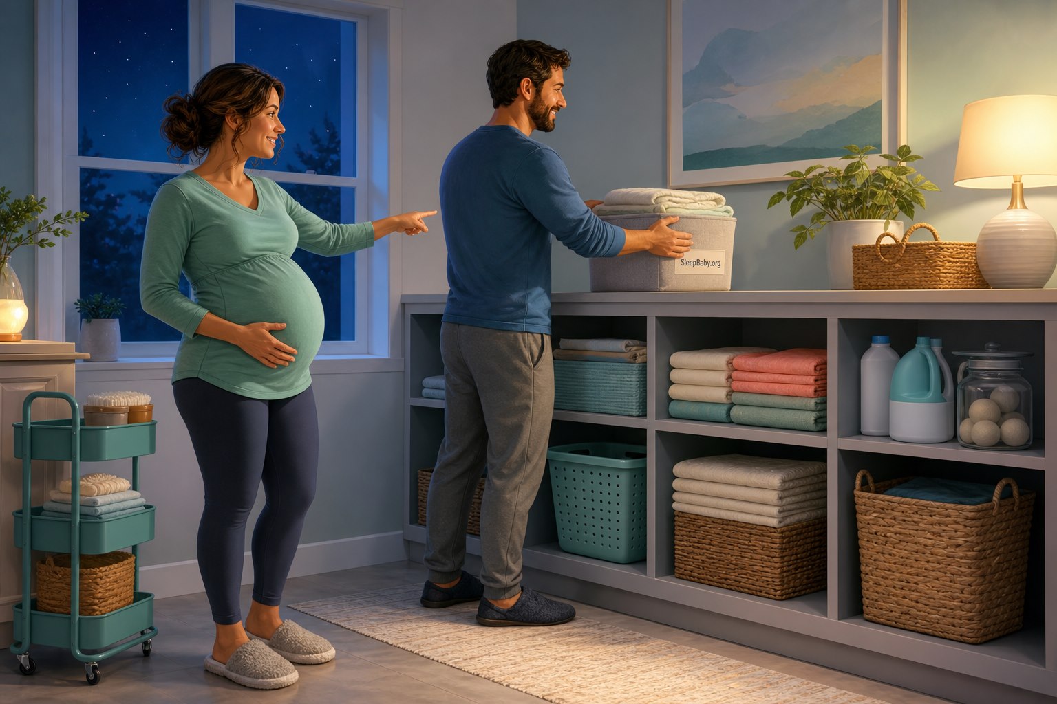 Pregnant parent points while a partner places a labeled fabric bin on a waist-height shelf in a tidy softly lit utility room.