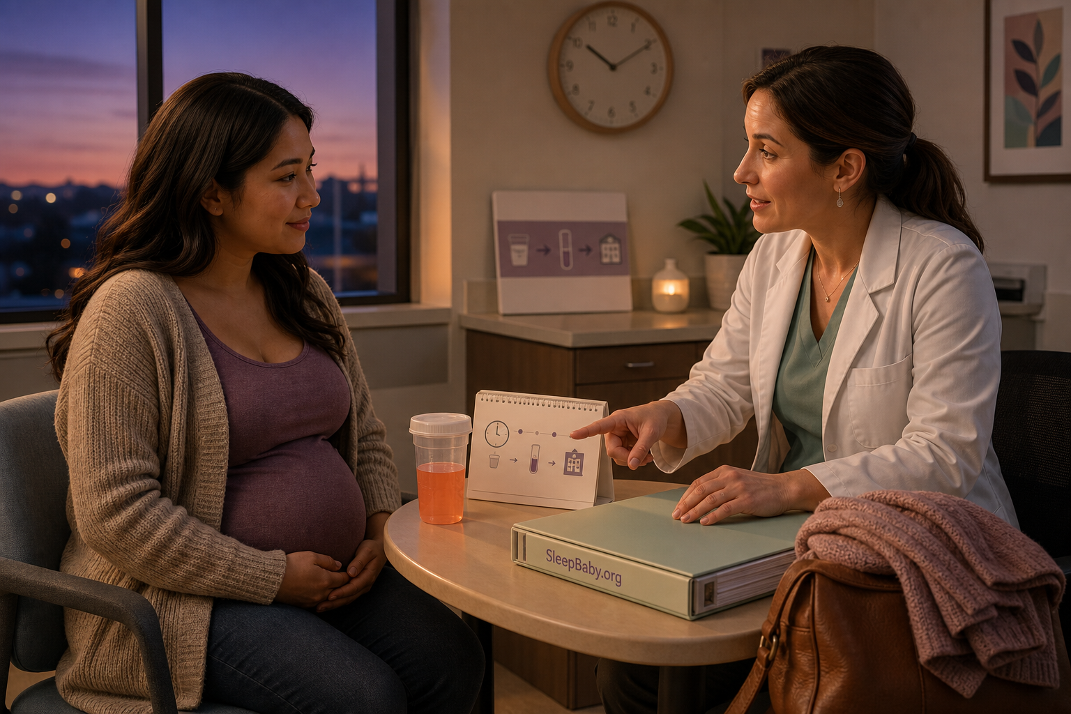 A pregnant patient and clinician review a glucose-test sequence beside a screening drink and an evening clinic clock