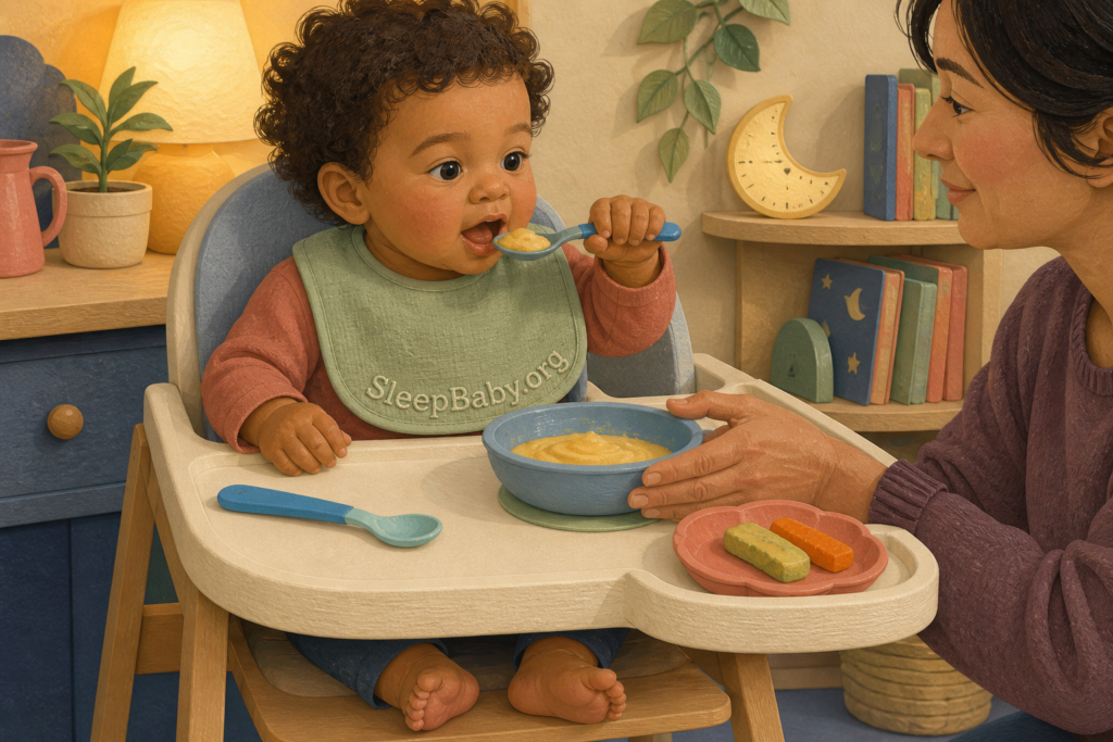 A toddler with feet planted on a high-chair footrest lifts a preloaded spoon while a caregiver steadies a nonslip bowl and a second spoon waits nearby.