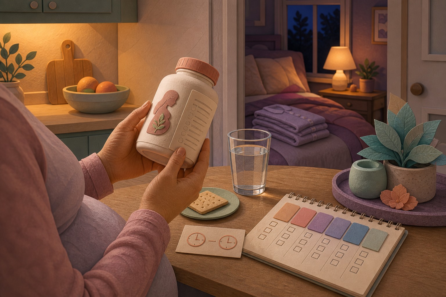 Pregnant adult checks a pictographic prenatal vitamin back label beside water and a cracker as a softly lit bedroom waits beyond.
