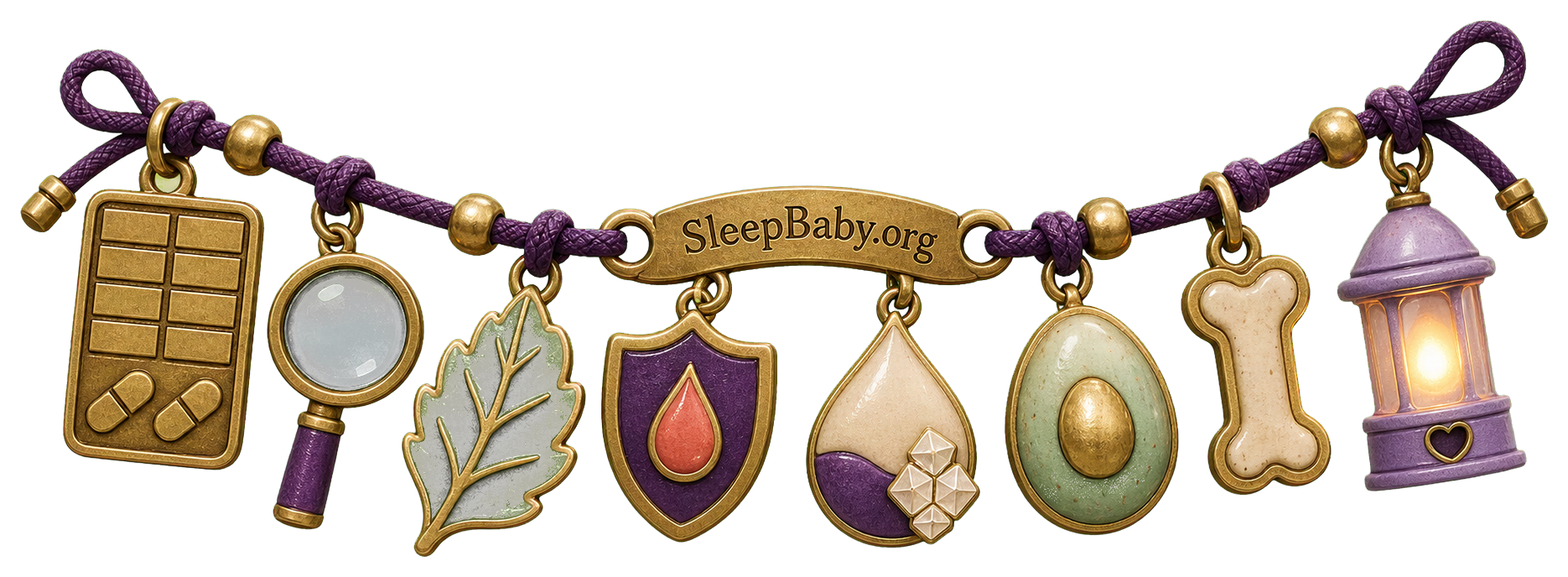 Prenatal-label ribbon with serving-size, magnifier, folate, iron, iodine, choline, calcium, and glowing night-light charms.