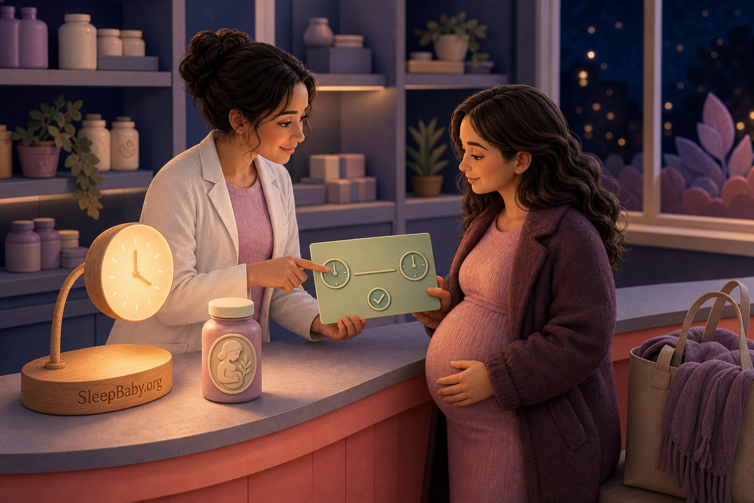 Pregnant adult and pharmacist use two clock symbols to plan prenatal vitamin and medication spacing before the nighttime routine.