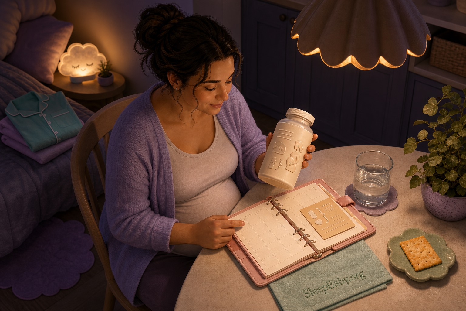 At an evening table, a pregnant adult checks the prenatal serving size beside a planner, water, and a cracker while pajamas and a night-light wait nearby.