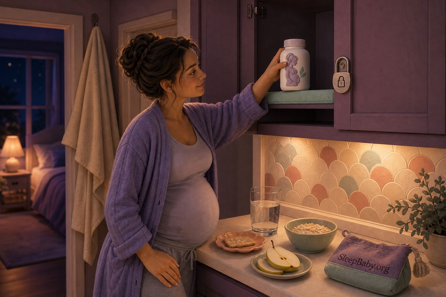 During evening wind-down, a pregnant adult stores one prenatal bottle high and locked after setting out water, pear, oats, and a cracker.