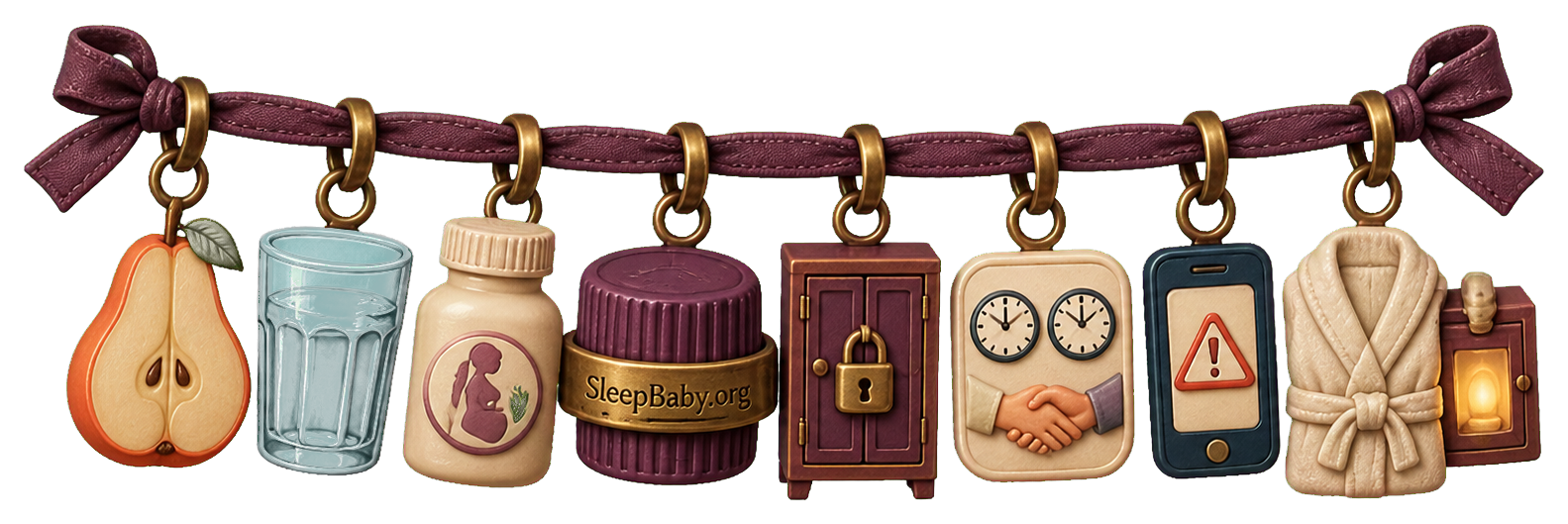 Prenatal-safety ribbon with pear, water, bottle, childproof cap, locked storage, pharmacist, warning phone, and robe charms.