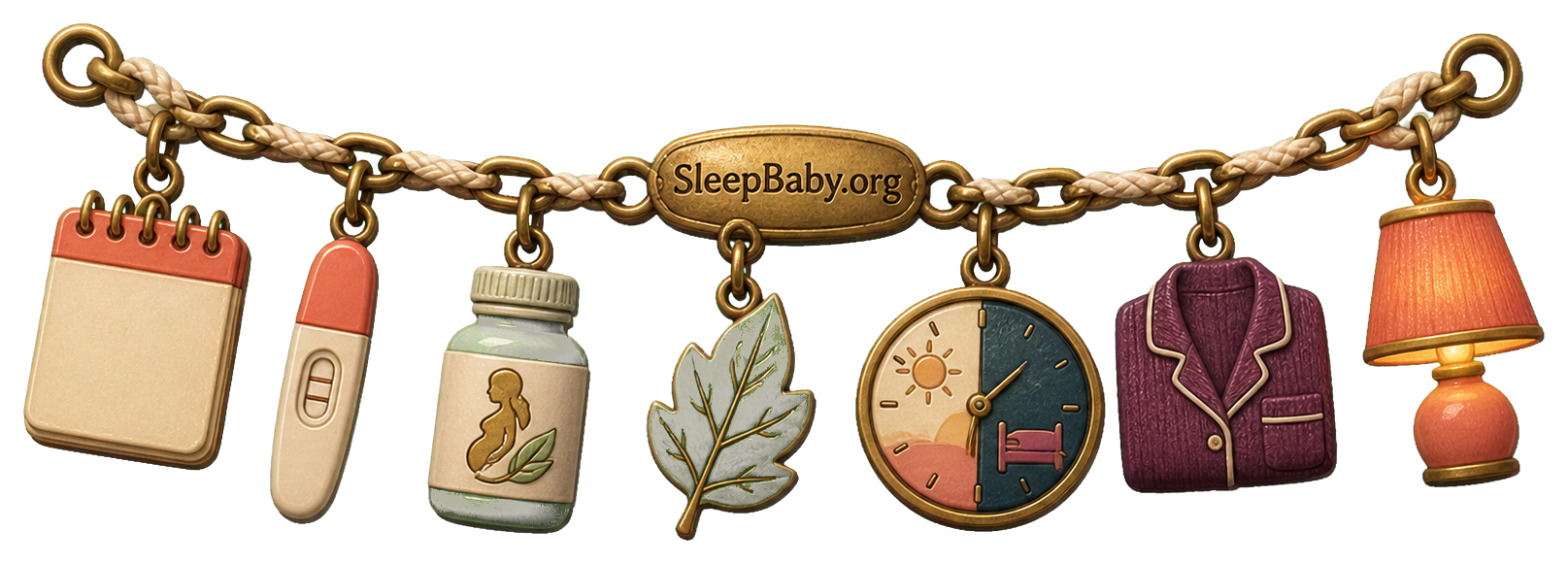Prenatal-start ribbon with calendar, test, bottle, folate, bedtime clock, pajamas, and glowing lamp charms.