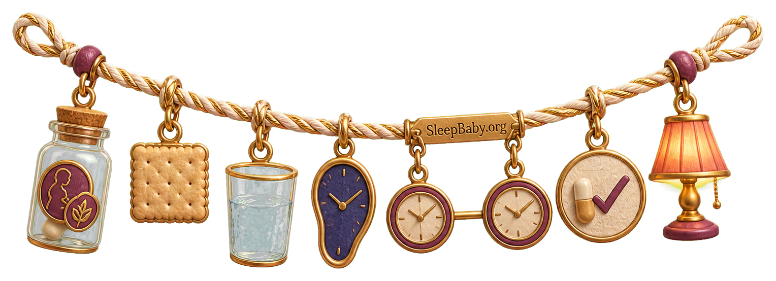 Prenatal-timing ribbon with bottle, cracker, water, flexible and paired clocks, single-dose check, and glowing lamp.