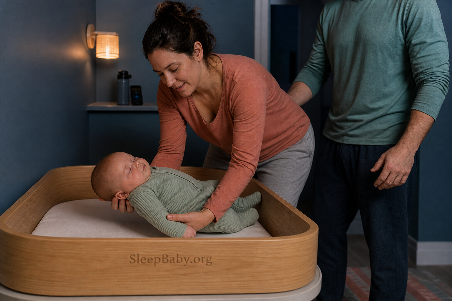Awake parent lowering a sleeping baby onto their back in a bare bassinet while another adult stands ready