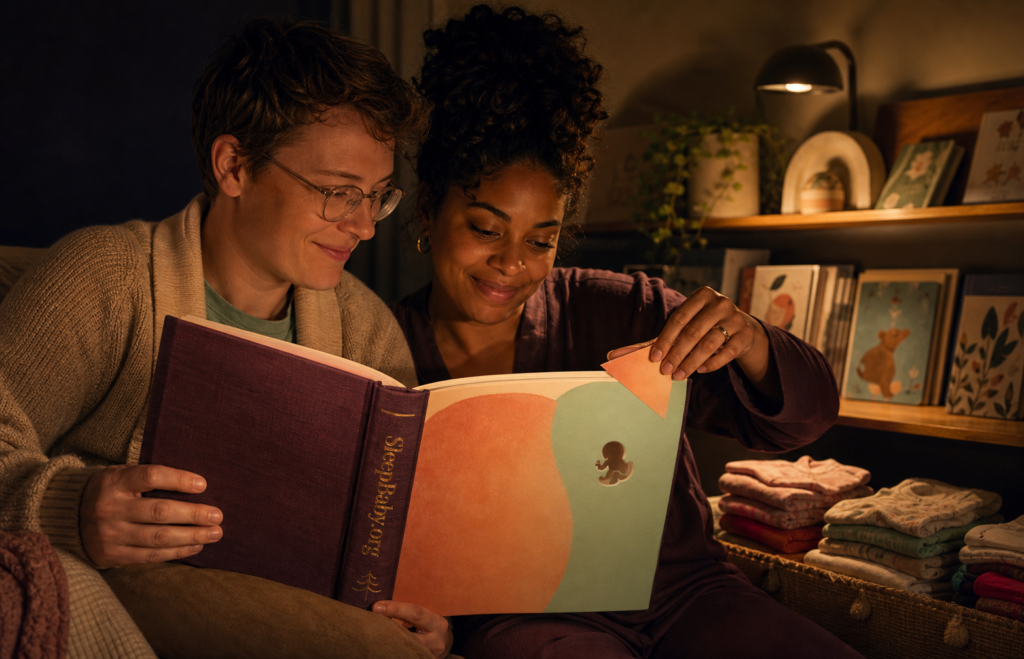 Two expectant adults turn the final page of a handmade reveal book beside a dim reading lamp, bedtime books and folded future pajamas.
