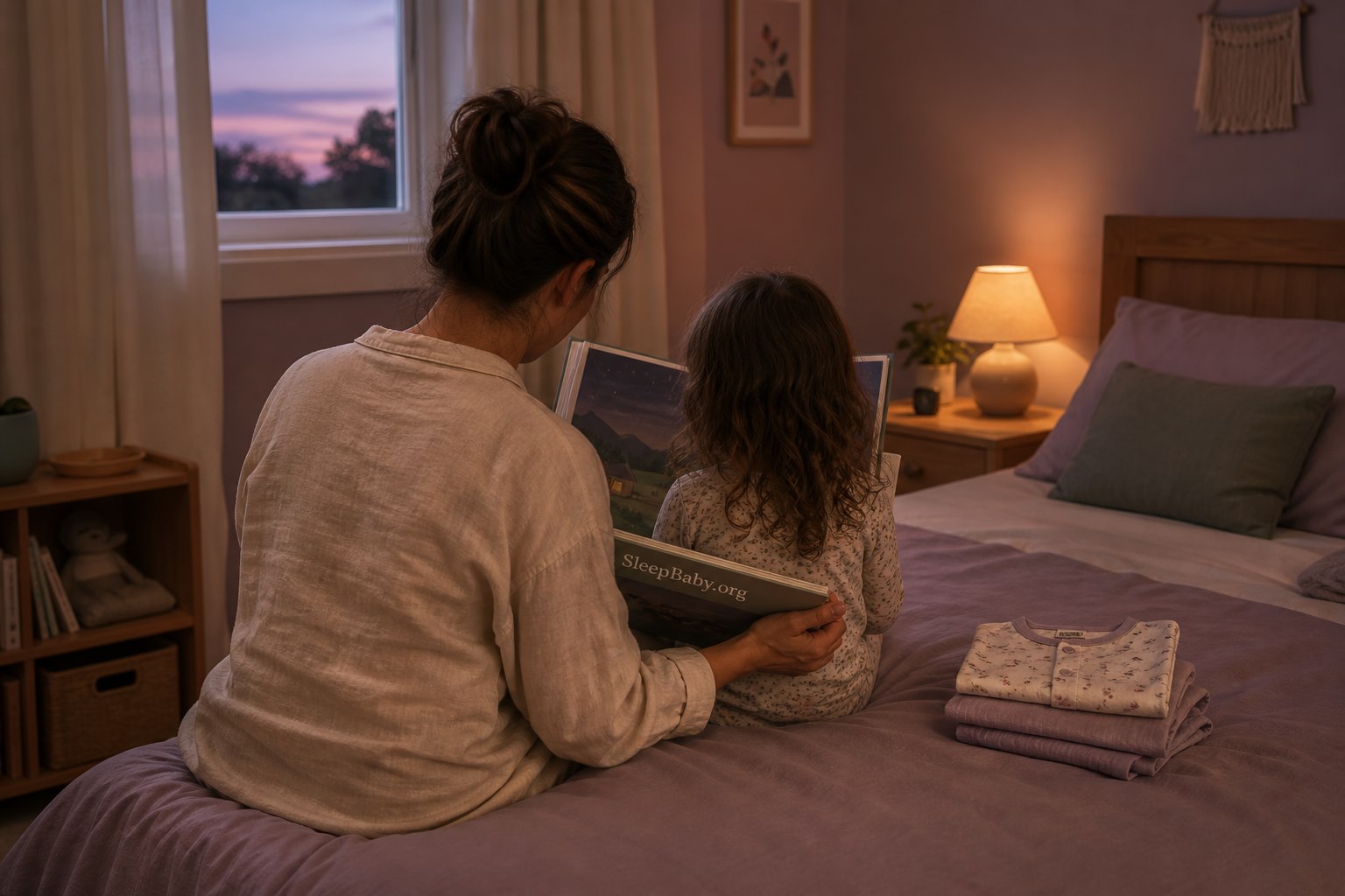 Parent and child read a book with SleepBaby.org on its spine in a softly lit bedroom with folded pajamas and no sleep products.