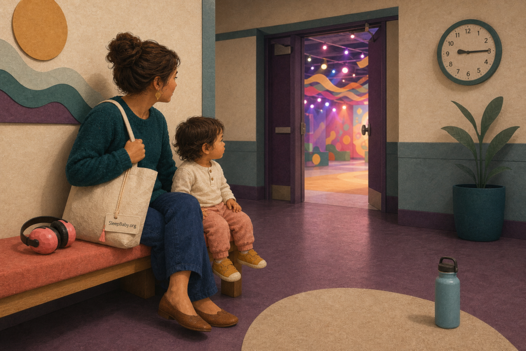 Toddler and caregiver rest on a hallway bench beside unused earmuffs outside a bright event room.