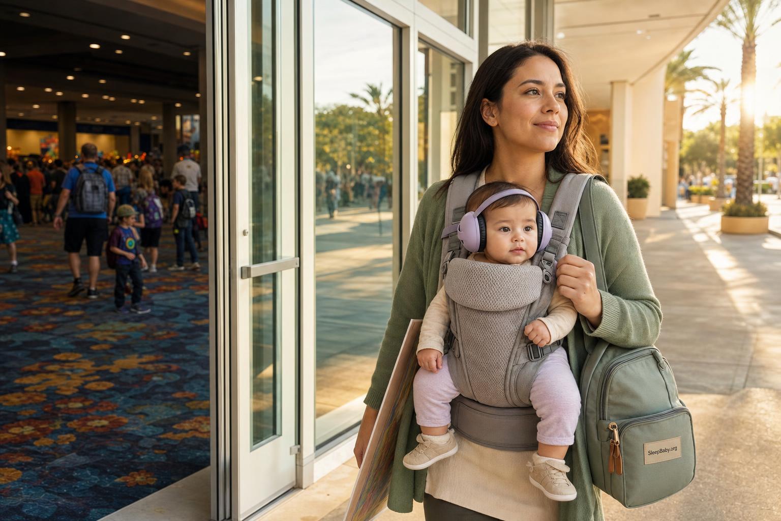 Mother leaves a busy convention through glass doors with an awake baby safely secured in a carrier and wearing lavender hearing-protection earmuffs.