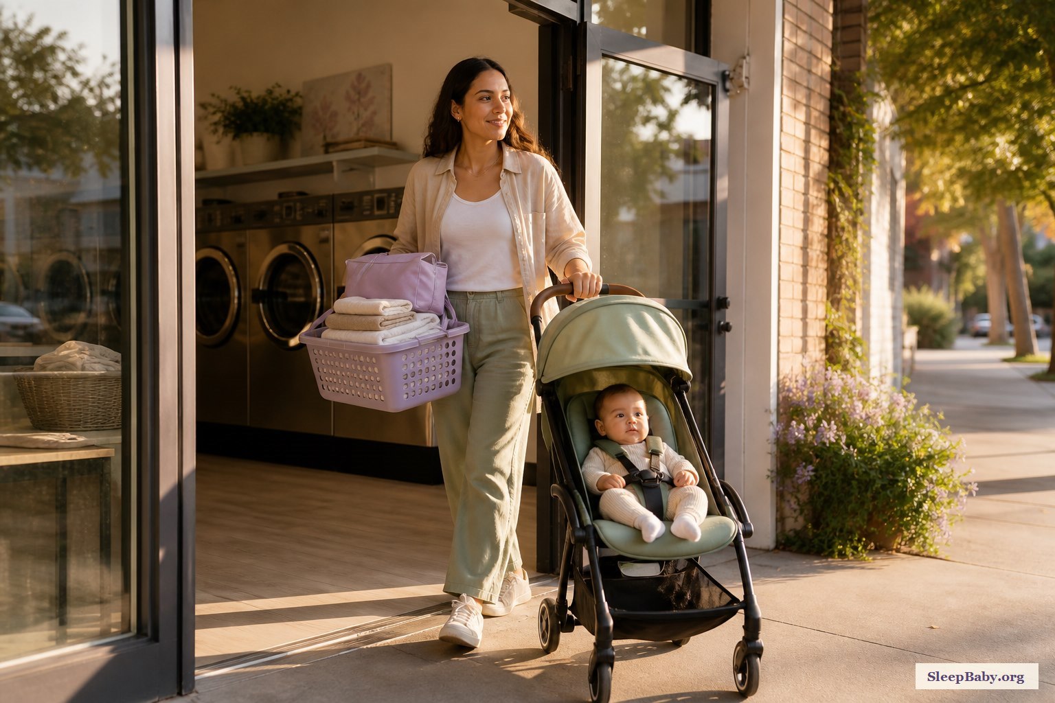 Mother leaves a laundromat through open glass doors with one light basket of folded baby clothes and an awake baby secured in a stroller.