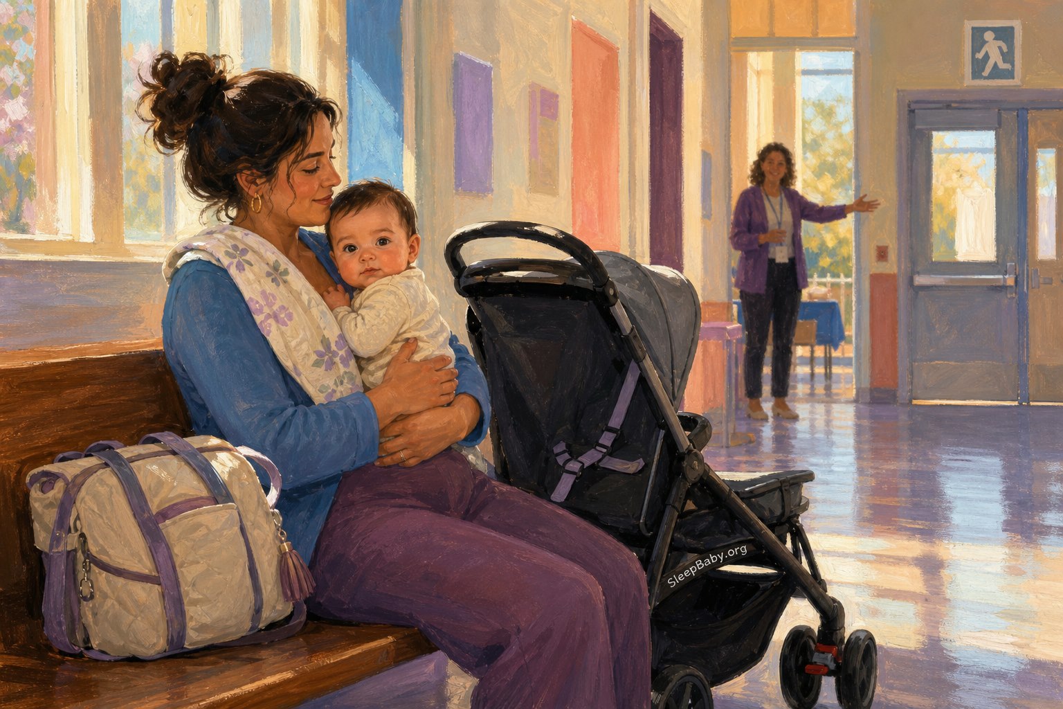 Illustrated caregiver sits in a civic hallway holding an awake baby close beside a brake-set stroller, closed diaper bag, poll worker, and visible exit.