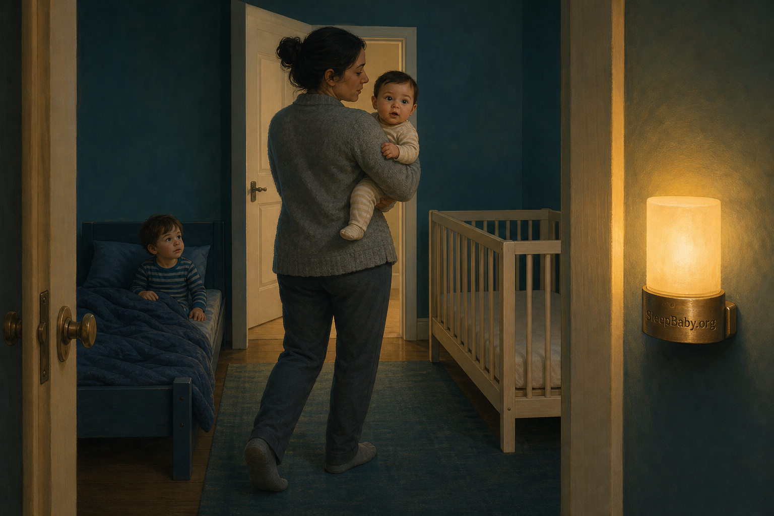 A caregiver leaves with the awake baby as the toddler waits in their own bed beside the bare crib