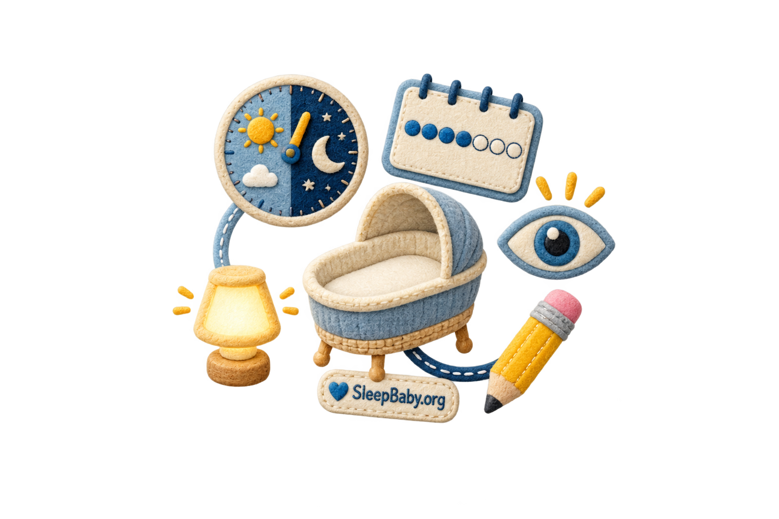 Felt baby sleep baseline cues show a day-night dial, seven-day log, empty bassinet, alert eye, pencil and nightlight.