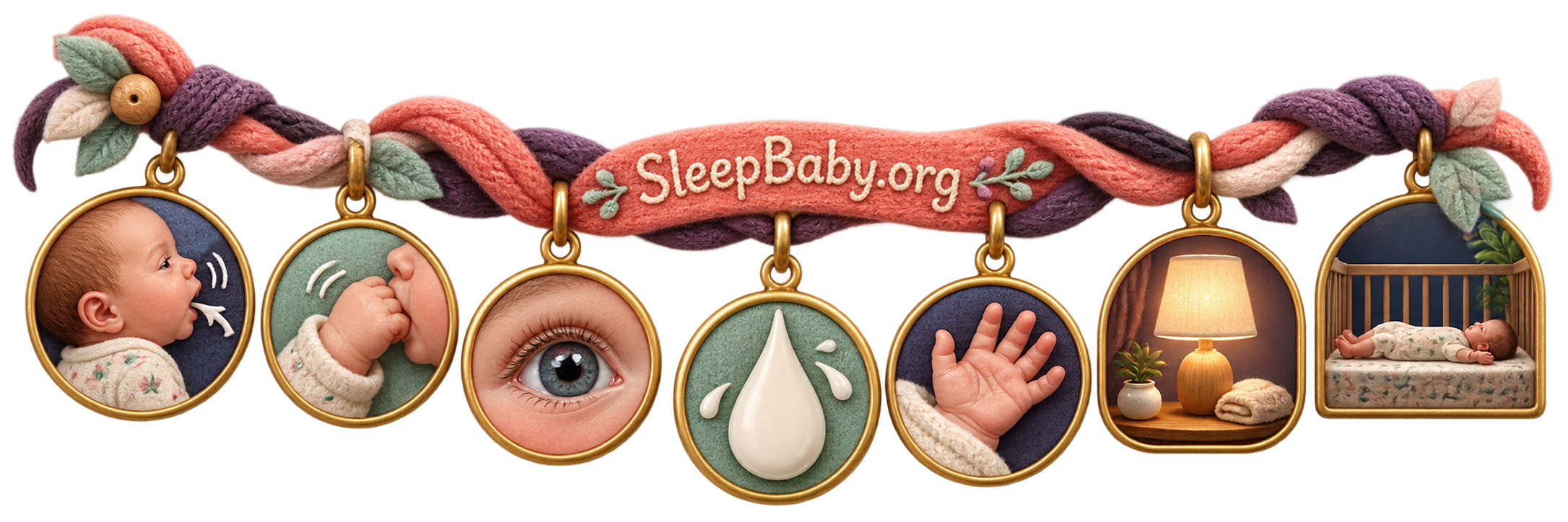 Transparent rail with rooting, hand-to-mouth, alert eye, milk drop, relaxed hand, lamp, and a bare crib