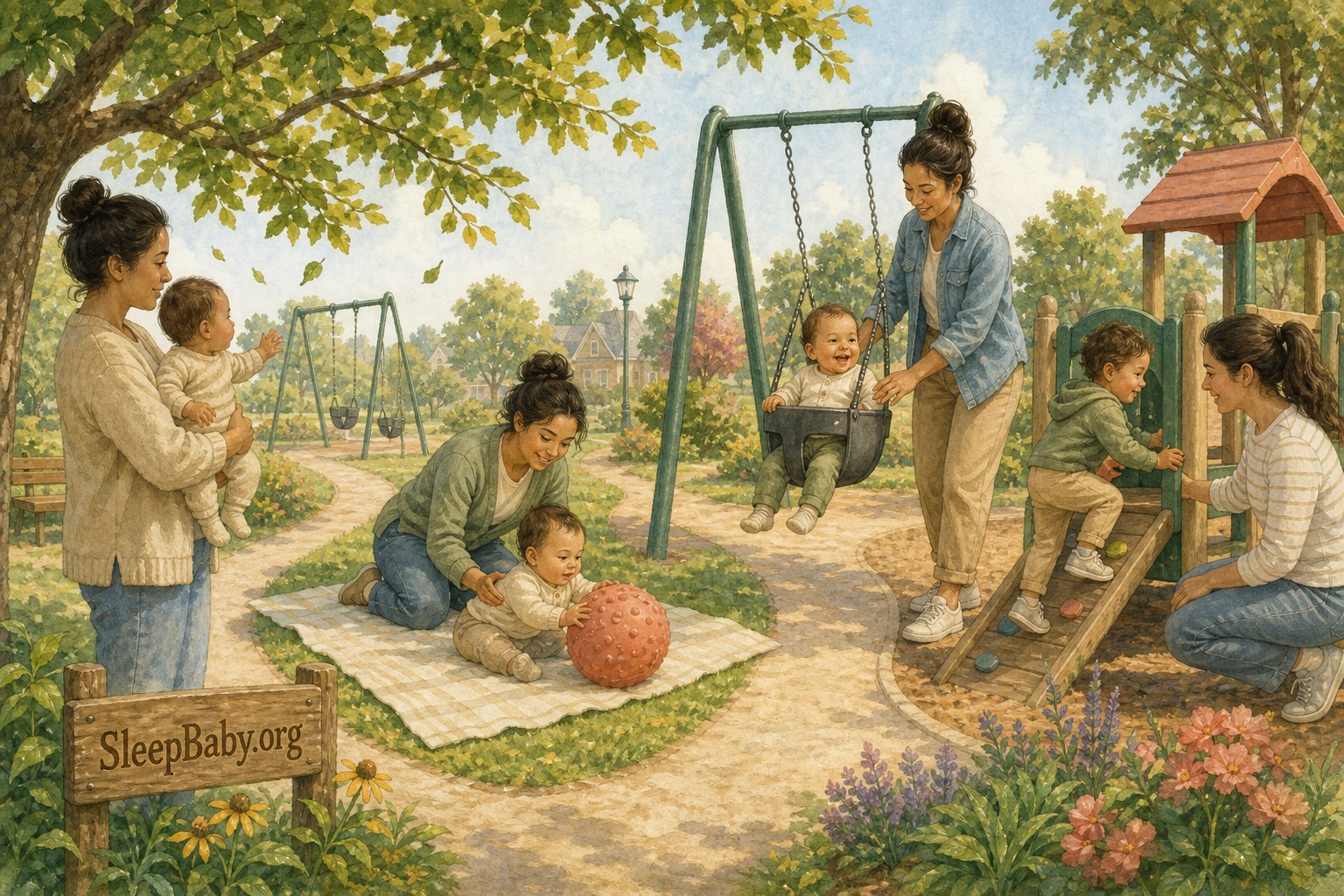 Illustrated path moves from a baby watching while held, to blanket play, a supported bucket swing, and an older toddler on low equipment with a caregiver close.