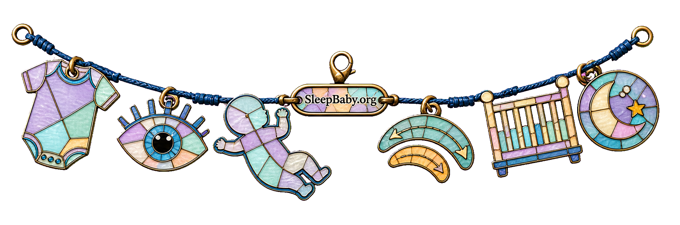 Pastel stained-glass charms connect an arms-free onesie, awake eye, coordinated rolling baby, motion arrows, bare crib and moon.