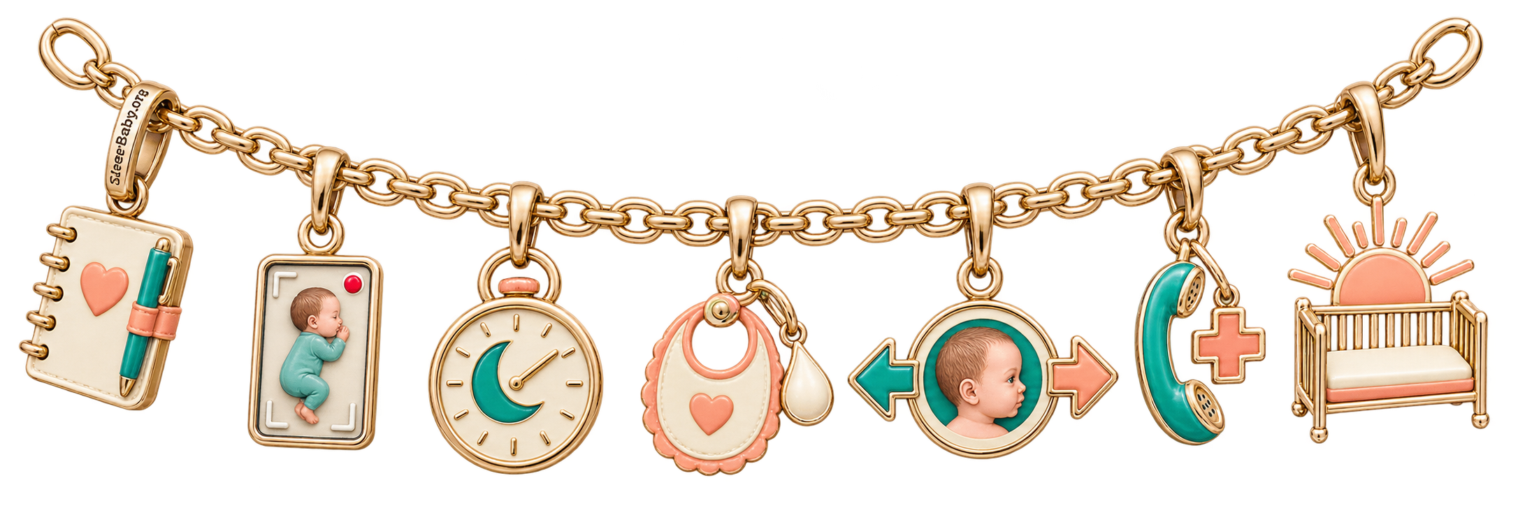 A charm ribbon links notes, a short video, timing, feeding, head direction, a clinician call and sunrise over a bare crib