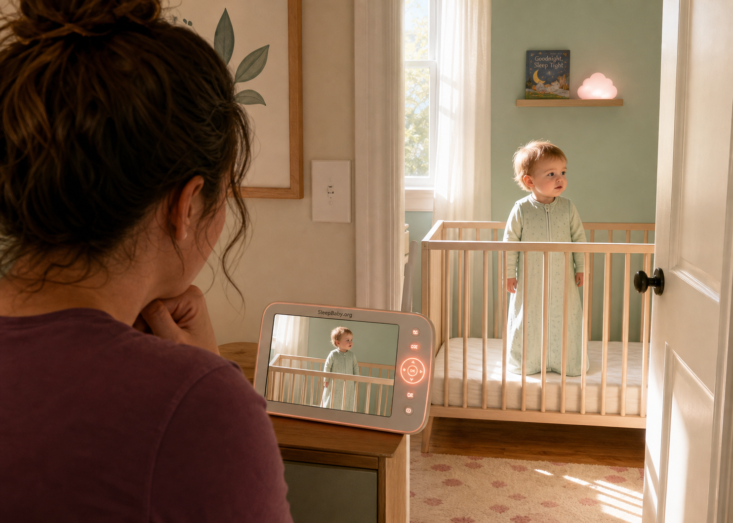 A caregiver watches a safely standing toddler in an empty crib during a refused afternoon nap, with SleepBaby.org visible on the monitor.