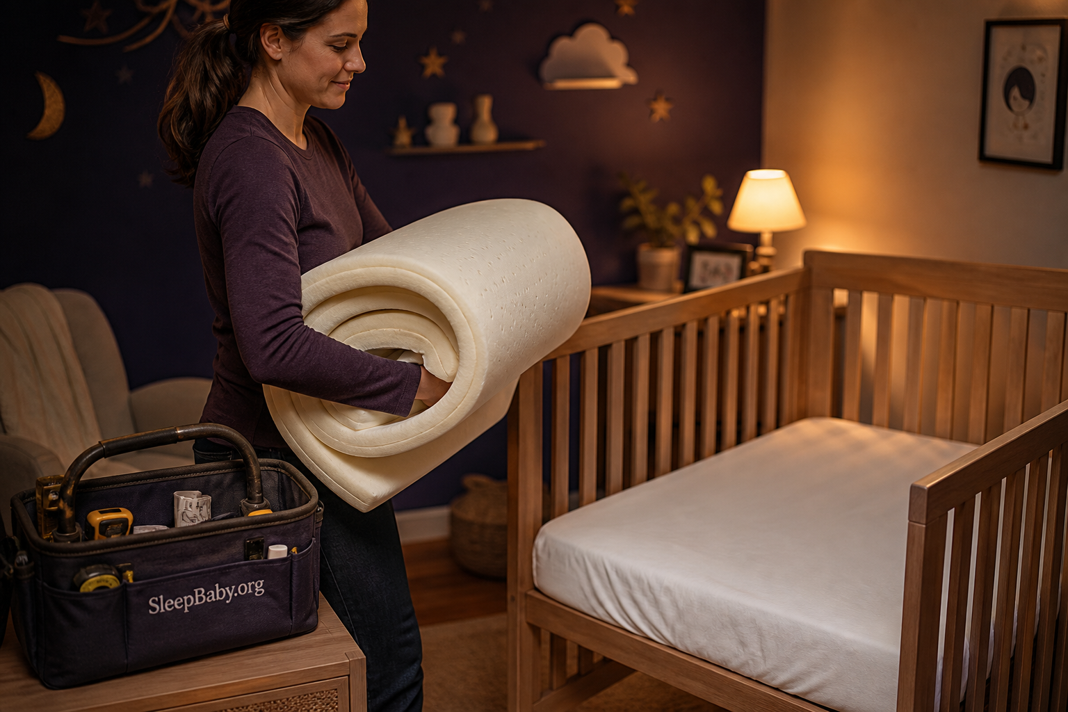 A caregiver removes a rolled memory-foam topper from beside an empty crib